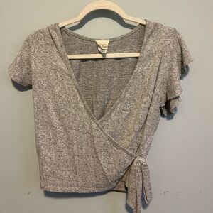Gray, wrap top with flutter sleeves
